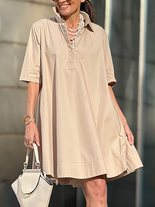 Robe chemise coupe trapèze, à manches courtes, à empiècements, à col revers, couleur unie