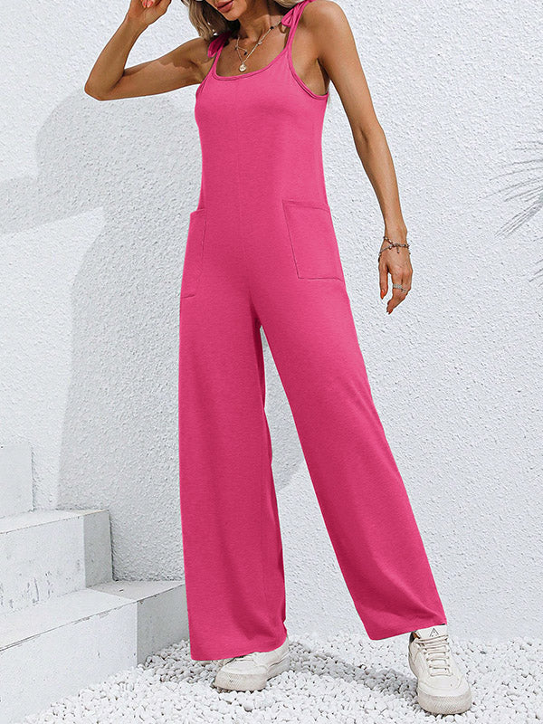 Combinaison nouée taille haute, sans manches, à poches, à fines bretelles, couleur unie
