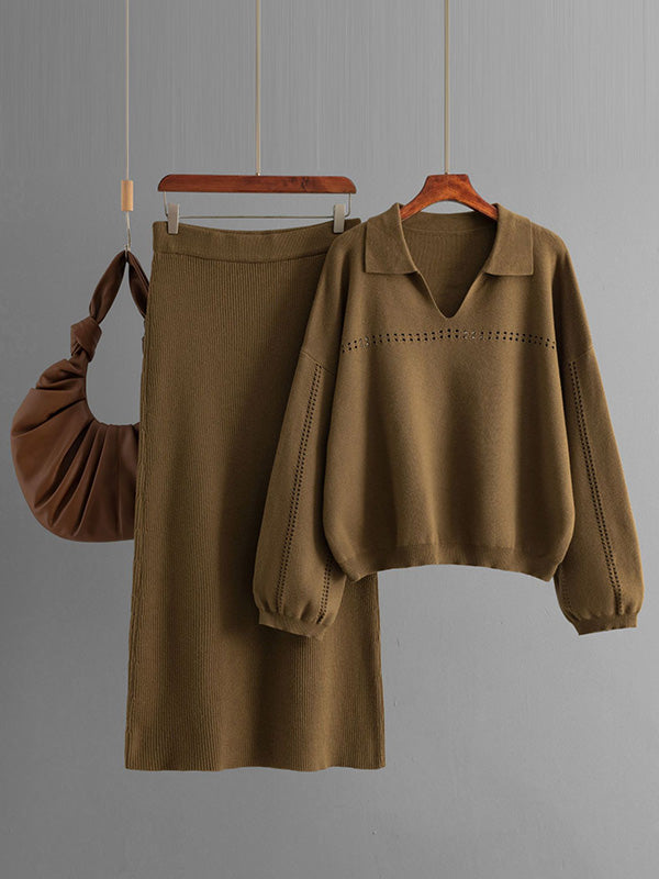 Ensemble deux pièces ample ajouré à manches bouffantes, à taille élastique, couleur unie – pull + jupe