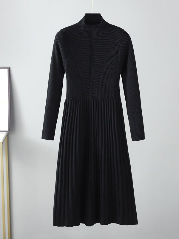 Robes pull élégantes à manches longues, taille haute plissée, couleur unie, demi-col roulé