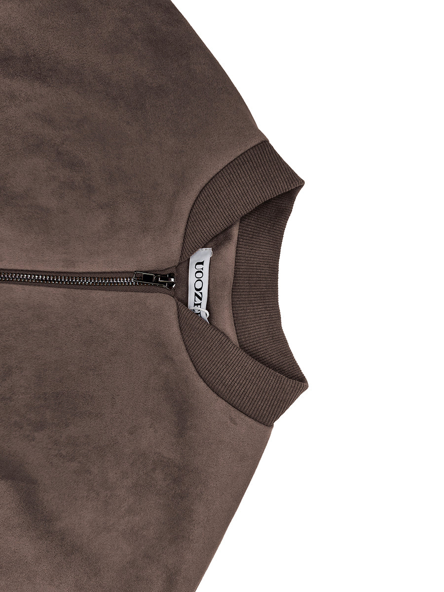 Veste courte à fermeture éclair, à taille élastique, à manches longues, à col rond, couleur unie