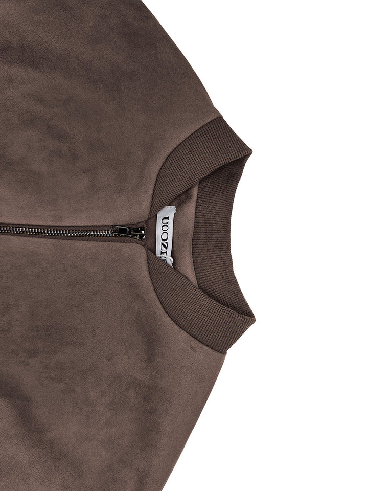Veste courte à fermeture éclair, à taille élastique, à manches longues, à col rond, couleur unie