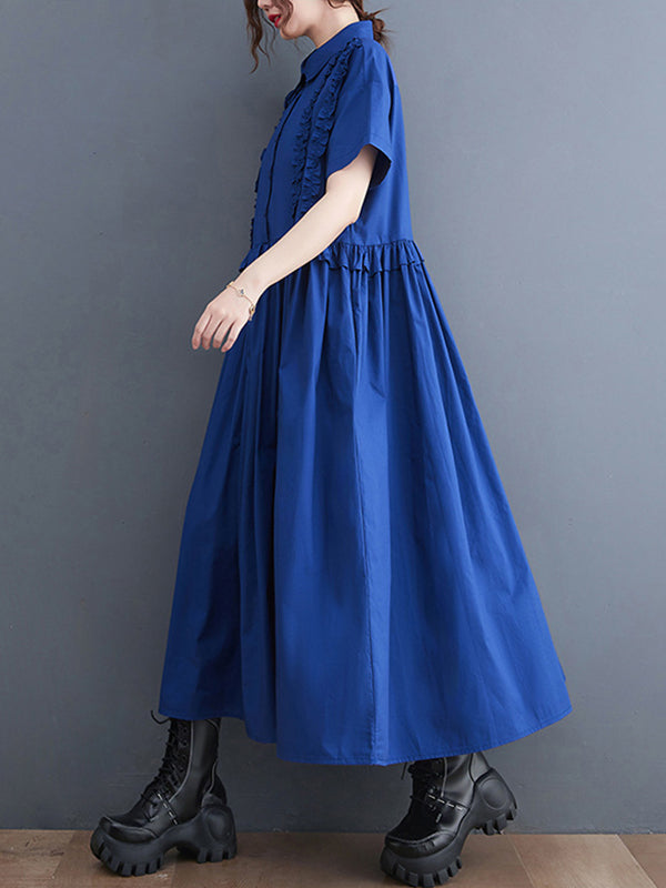 Robe chemise mi-longue de couleur unie, simple, manches courtes, ample, boutonnée, Volants, à empiècements