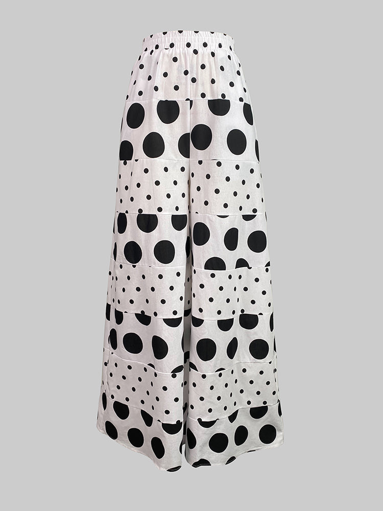 Pantalon ample taille haute, à taille élastique, à poches, à pois, à empiècements, couleur contrastée