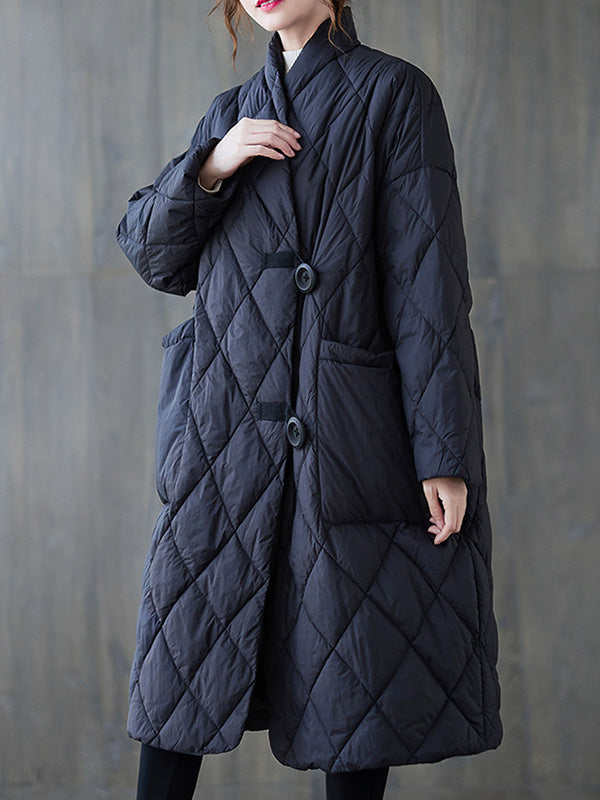 Manteau artistique boutonné matelassé vintage, rétro, à col montant, à manches longues, couleur unie