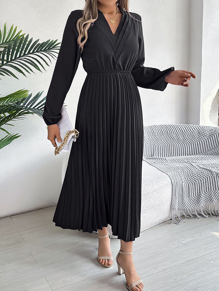 Robe longue plissée coupe trapèze, taille haute, à taille élastique, à col en V, couleur unie