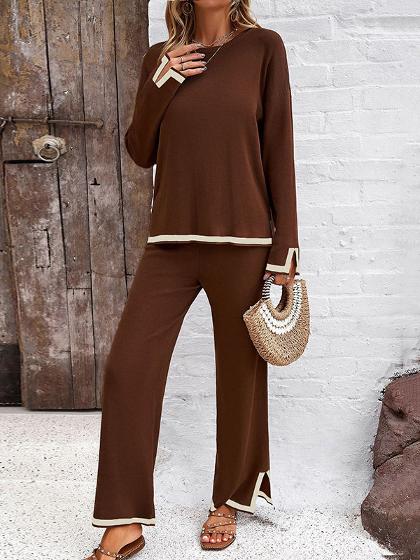 Ensemble deux pièces fendu sur le côté à manches longues, à empiècements, à col rond, à ourlet plongeant, couleur contrastée – pull + pantalon
