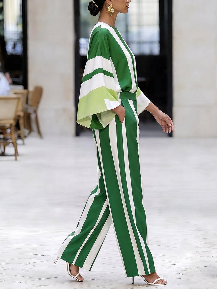 Pantalon rayé ample à poches, à taille élastique, à jambes larges, couleur contrastée