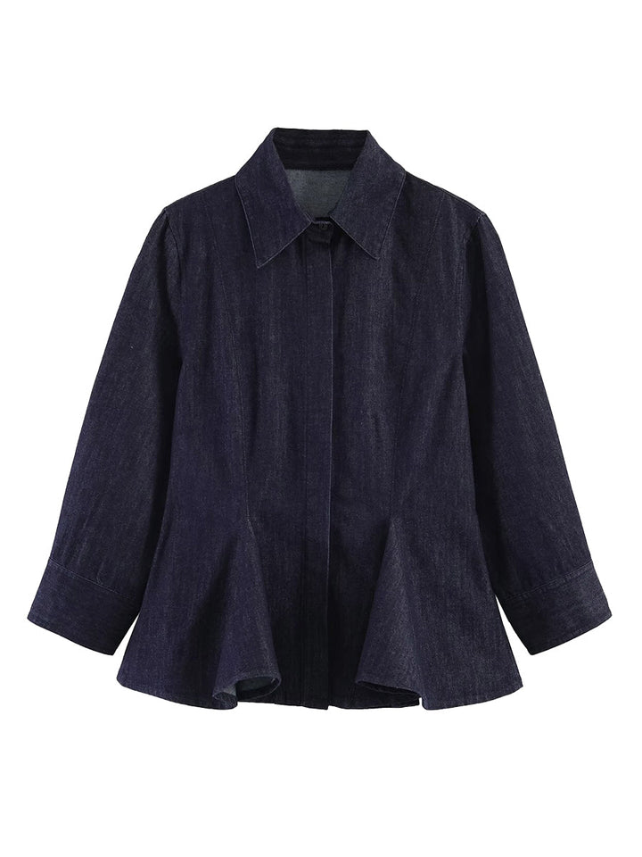 Chemisier plissé boutonné à manches longues, à col revers, couleur unie