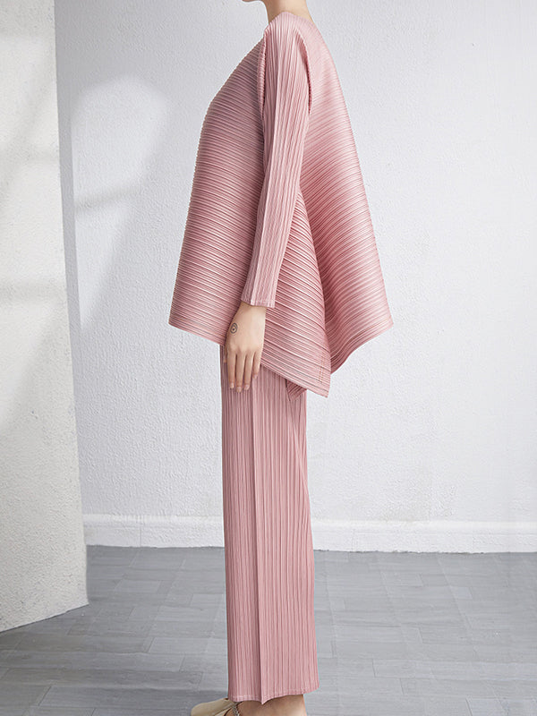 Ensemble deux pièces ample plissé à ourlet plongeant, à col rond, couleur unie – t-shirt + pantalon