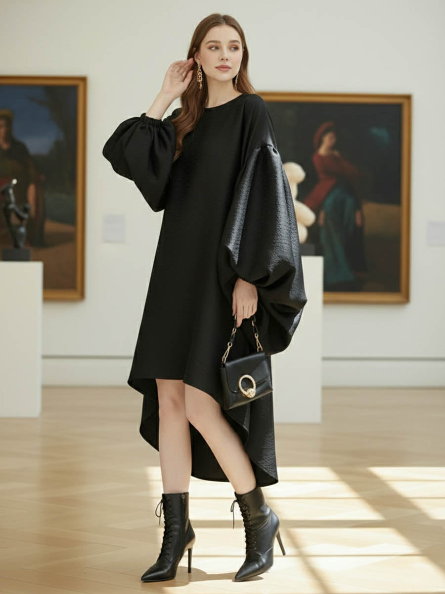 Robe mi-longue plissée à manches chauve-souris, à ourlet plongeant, à empiècements, à col rond, couleur unie