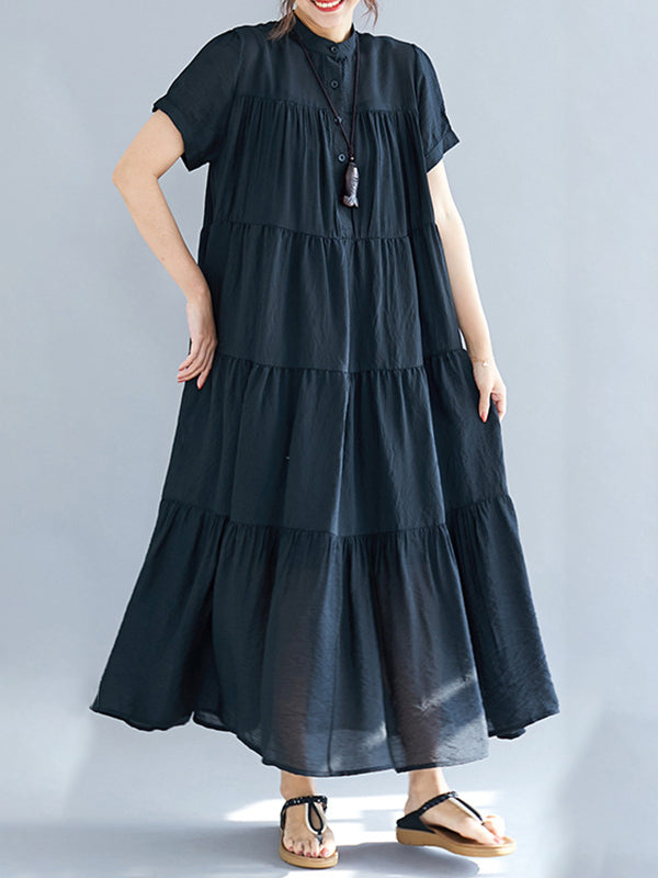 Robe mi-longue ample plissée vintage, à empiècements, à manches courtes, à col rond