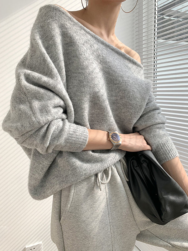 Pull décontracté ample à manches longues, à épaules dénudées, couleur unie