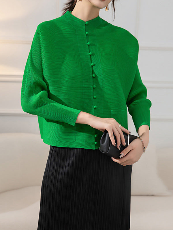 Veste ample boutonnée plissée à manches longues, à poches, à col rond, couleur unie