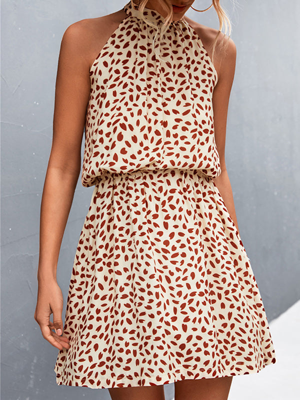 Robe courte plissée coupe trapèze, taille haute, à taille élastique, à imprimé feuilles, à col licou