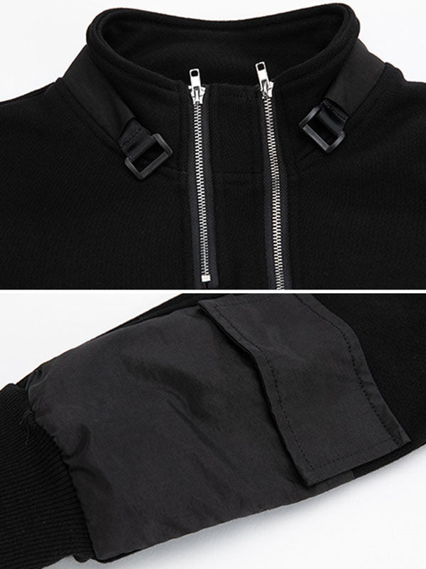Sweat-shirt décontracté ample à manches longues, à fermeture éclair, à col haut, couleur unie