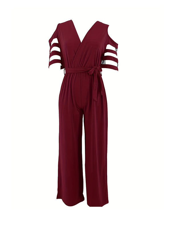 Combinaison ample ajourée taille haute, en résille, à taille nouée, à col en V, couleur unie