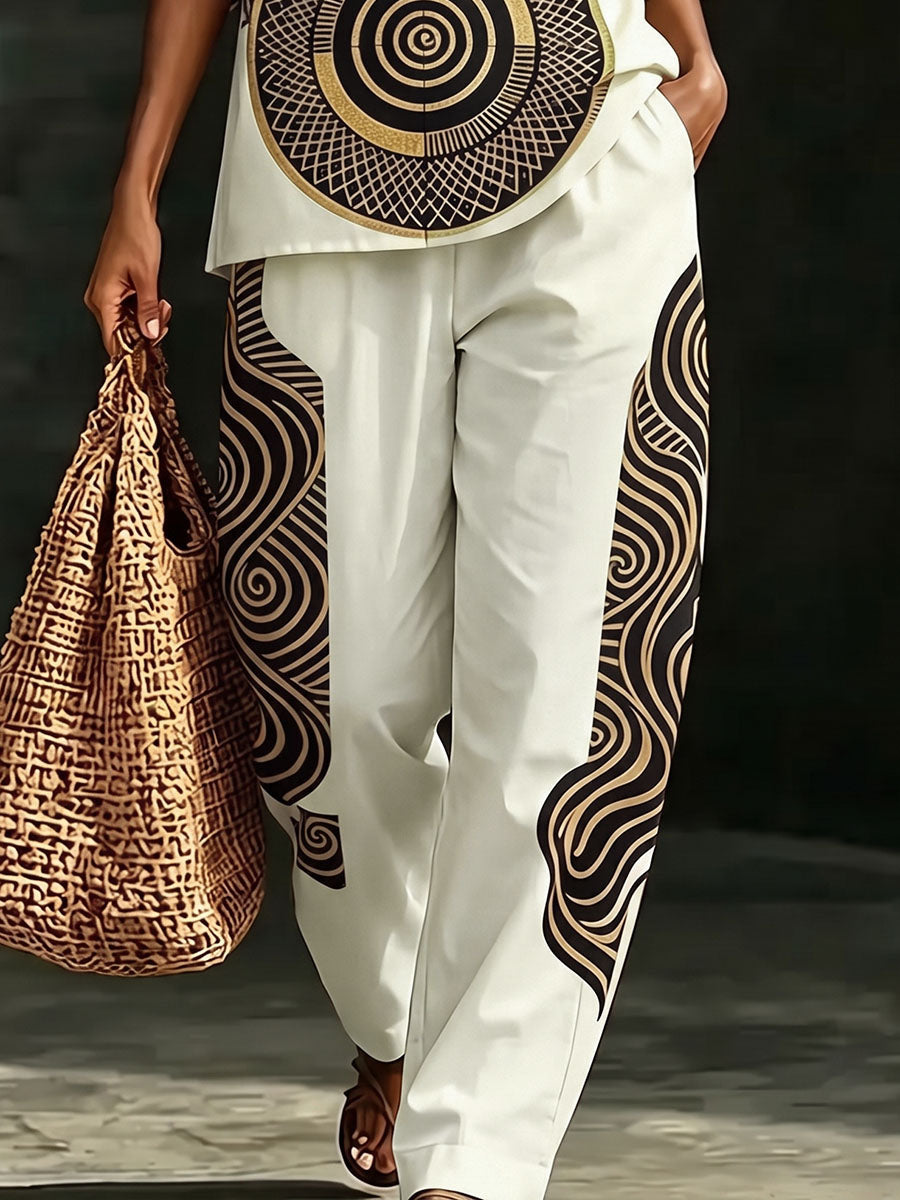 Pantalon imprimé ample à poches, à taille élastique, à jambes larges, couleur contrastée
