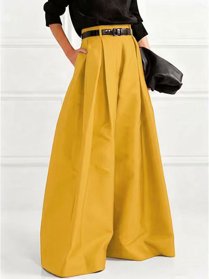 Pantalon élégant ample taille haute, à jambes larges, couleur unie