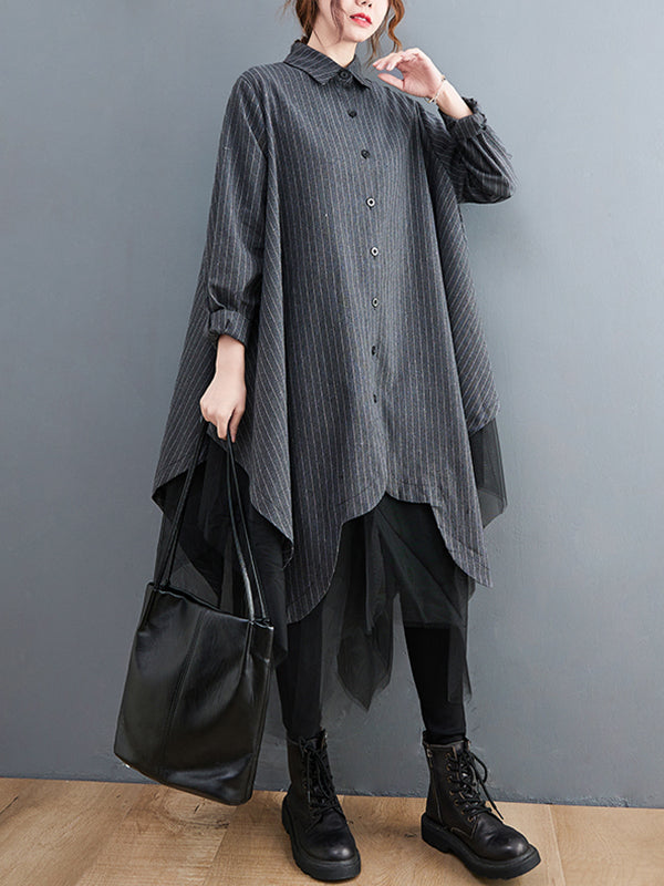 Robe ample rayée longue en gaze, à empiècements, à col revers