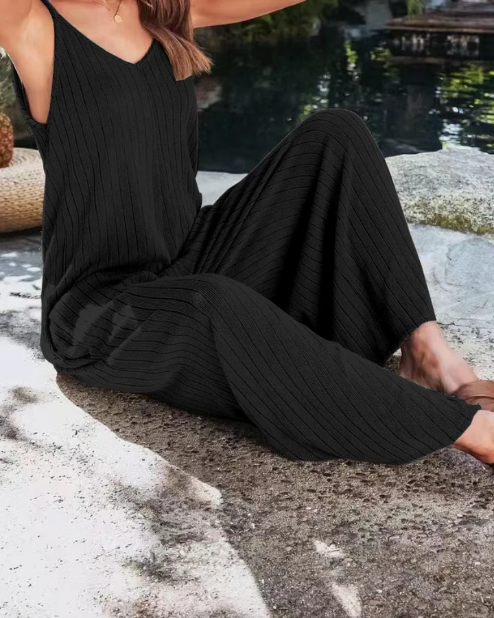 Combinaison sans manches à côtes pour femmes | Jambes larges