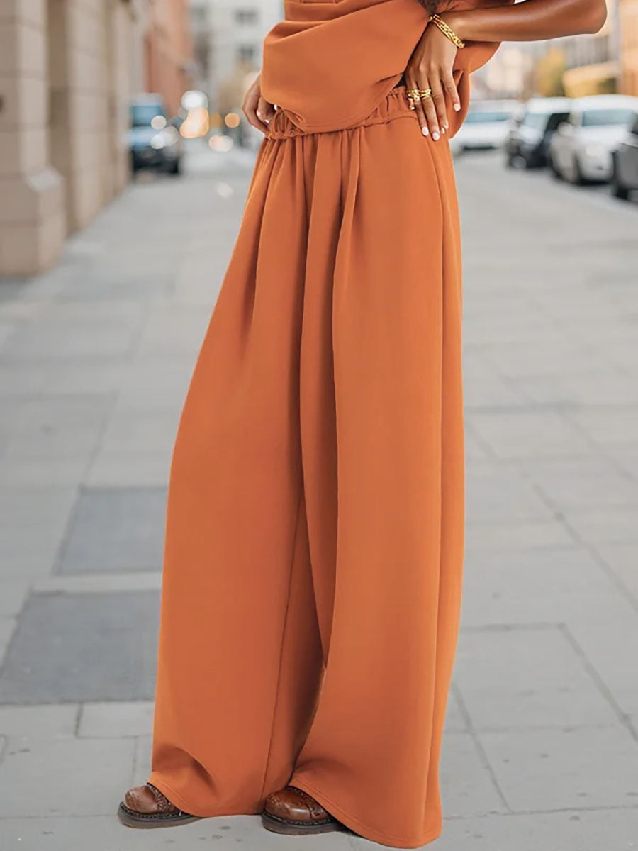 Pantalon plissé taille haute, à jambes larges, à taille élastique, couleur unie