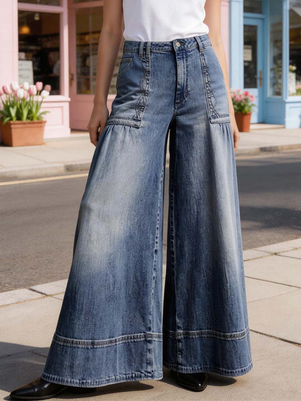Pantalon boutonné à jambes larges, à poches, à empiècements, à fermeture éclair, couleur unie