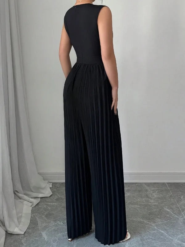 Combinaison ample plissée taille haute, à col en V, couleur contrastée