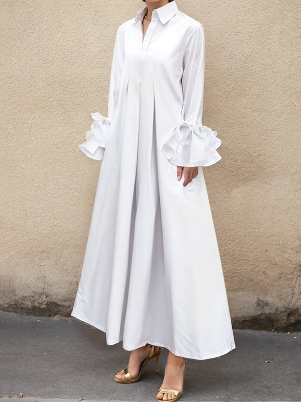 Robe chemise plissée à manches évasées, à empiècements, à col revers, couleur unie