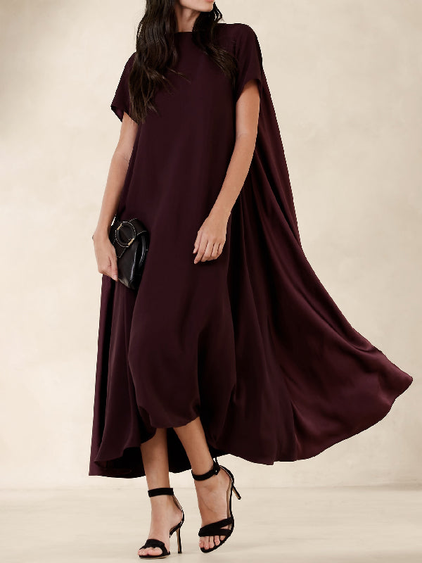 Robe longue ample à manches courtes, à poches, à col rond, couleur unie