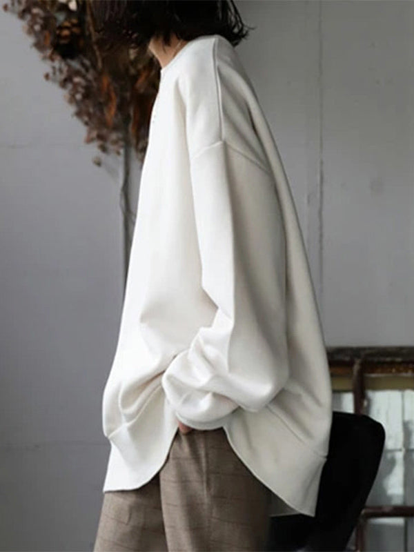 Sweat-shirt décontracté ample à col rond, couleur unie