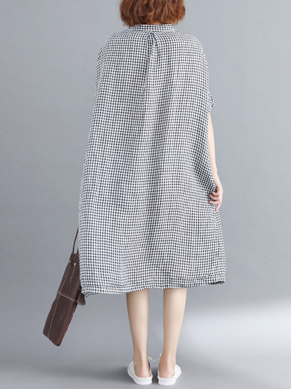 Robe mi-longue artistique ample boutonnée rétro, à empiècements, à carreaux, à col montant, à manches mi-longues