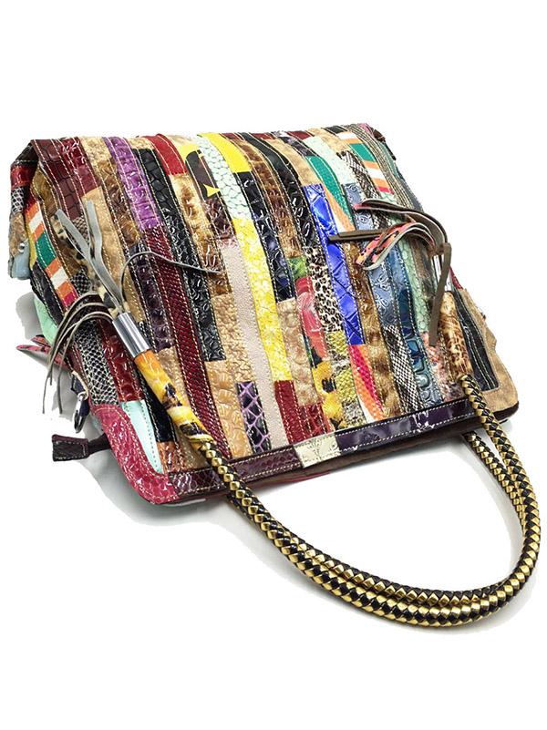 Sac en cuir à bandoulière rayé à empiècements