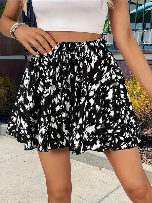 Short ample imprimé taille haute, à cordon de serrage, à taille élastique, à empiècements