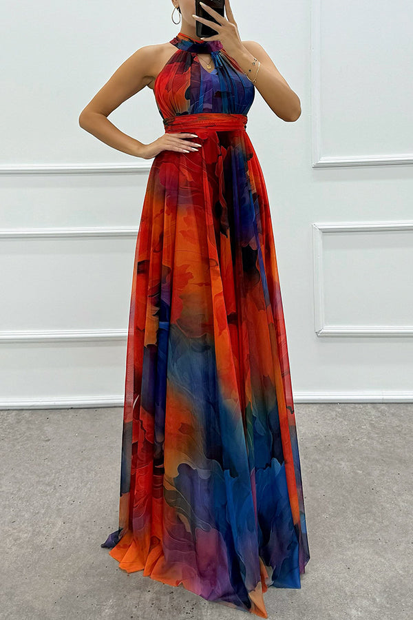 Elaine - Robe maxi en tulle avec imprimé floral, découpes et col halter