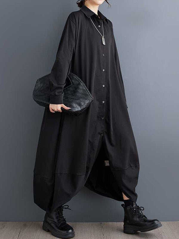 Robe chemise boutonnée coupe trapèze, à manches longues, à poches, à empiècements, à col revers, couleur unie