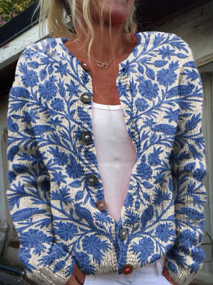 Cardigan Femme Motif Floral Élégant | Col Rond Boutonnage