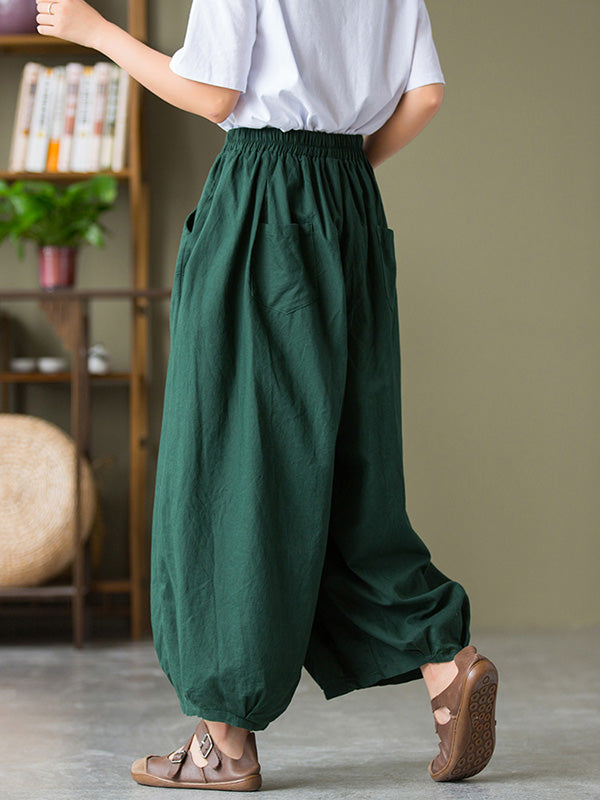 Knickerbockers à jambes larges et amples en lin, couleur unie, cordon de serrage plissé