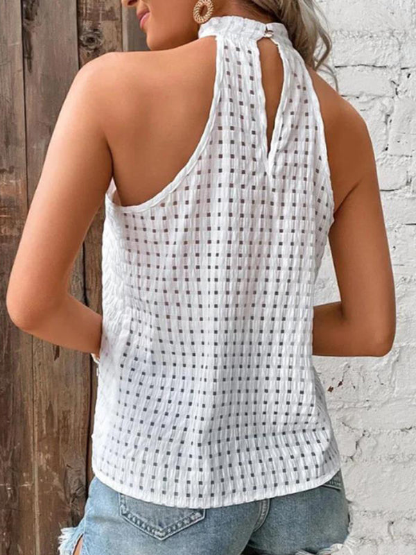 Débardeur ample ajouré plissé grande taille, en jacquard, à col licou, couleur unie