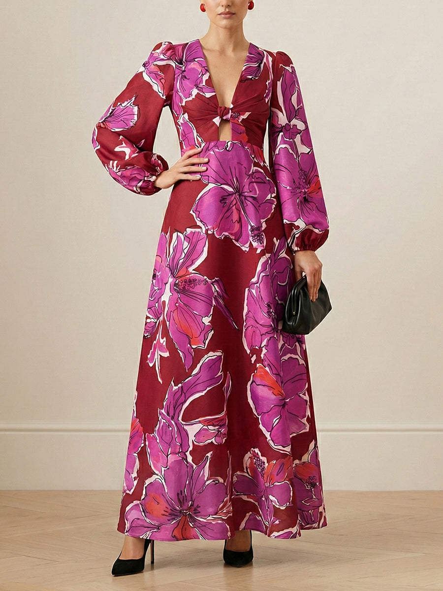 Taille élastiquée, manches longues, couleur contrastée, imprimé floral, creux, fente fendue, torsadé, décolleté en v profond, robes longues