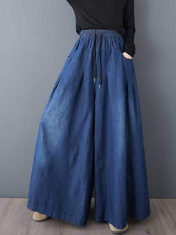 Jean ample plissé taille haute, à cordon de serrage, à taille élastique, à poches