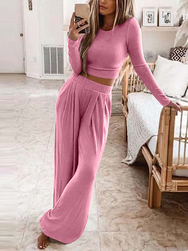 Ensemble deux pièces grande taille, à col rond, à manches longues, couleur unie – chemise + haut + pantalon