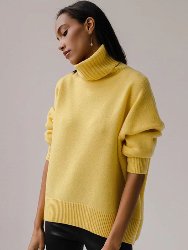 Pull décontracté ample à manches longues, à col haut, couleur unie