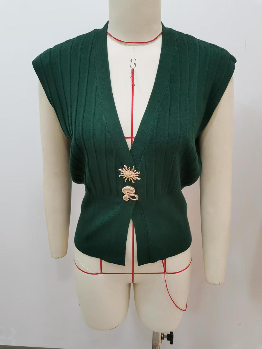 Débardeur ample fendu sur le côté taille haute, à boucle, en maille côtelée, à empiècements, à col en V, couleur unie