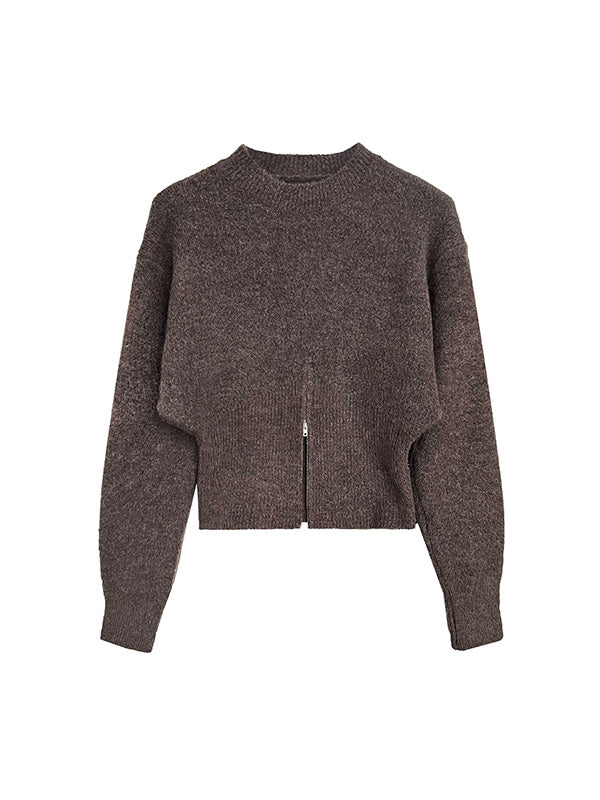 Pull ample à manches longues, à fermeture éclair, à col cheminée, couleur unie