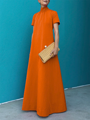 Robe longue ample à manches courtes, à col haut, couleur unie