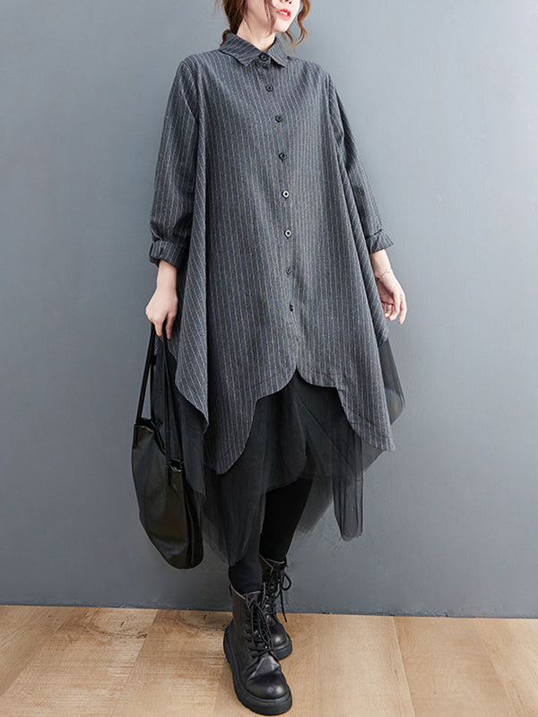 Robe ample rayée longue en gaze, à empiècements, à col revers
