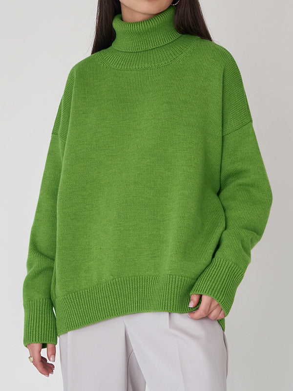 Pull en maille ample à manches longues, à col haut, couleur unie