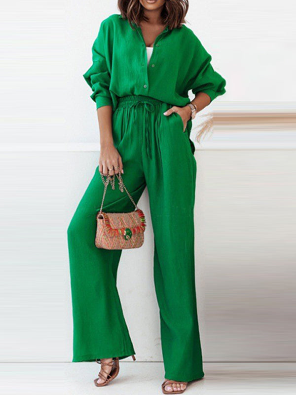 Ensemble deux pièces à ourlet plongeant, à manches longues, à col revers, à cordon de serrage, couleur unie – chemisier + pantalon