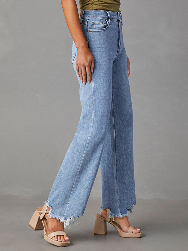 Jean taille haute, à jambes droites, à franges, à empiècements